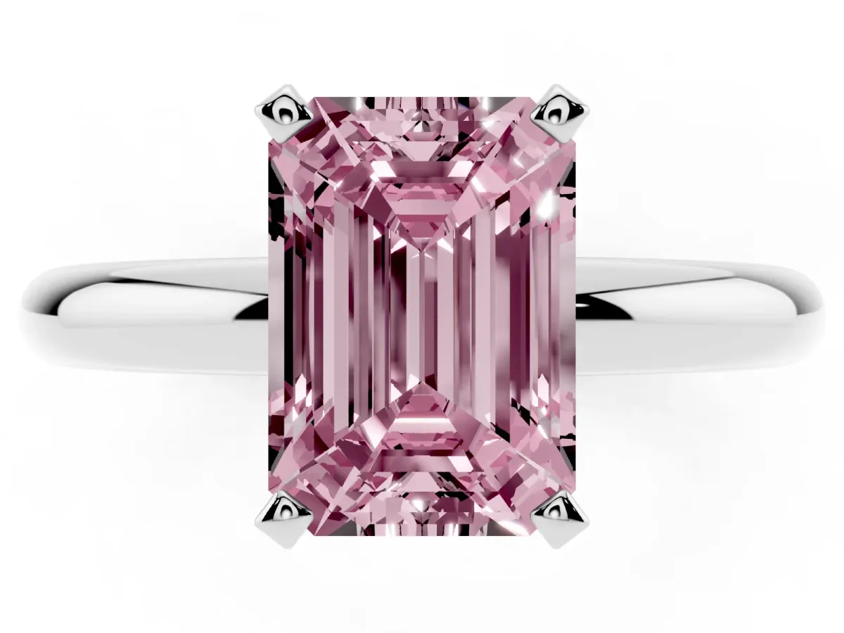 Fancy Pink Emerald Cut Diamond Solitaire Engagement Ring with Round Band and Four-Prong Setting Silver