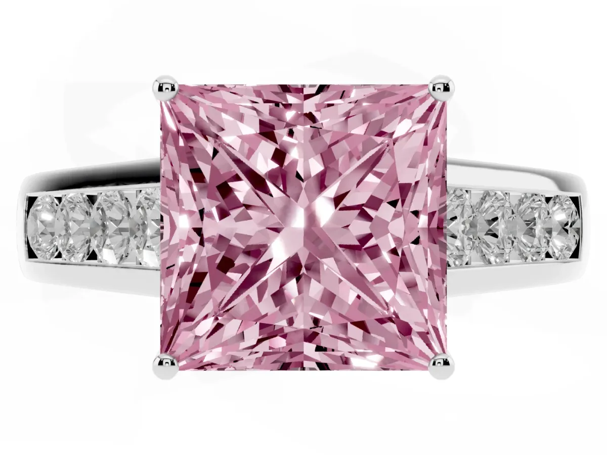 Fancy Pink Princess Cut Solitaire Channel-Set Diamond Engagement Ring with Four-Prong Setting Silver