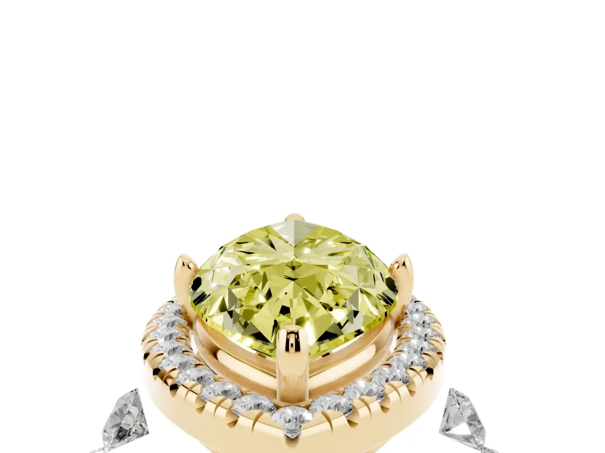 Fancy Yellow Marquise Cut Halo Pavé Diamond Engagement Ring with Four-Prong Setting Yellow gold