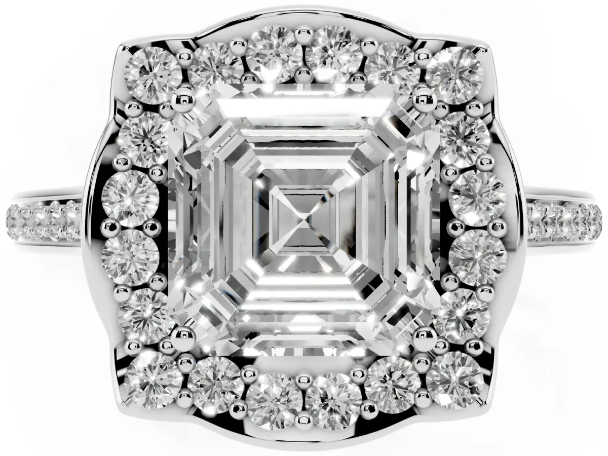 Asscher Cut Halo Round Diamond Pave Band with Four-Prong Setting Silver