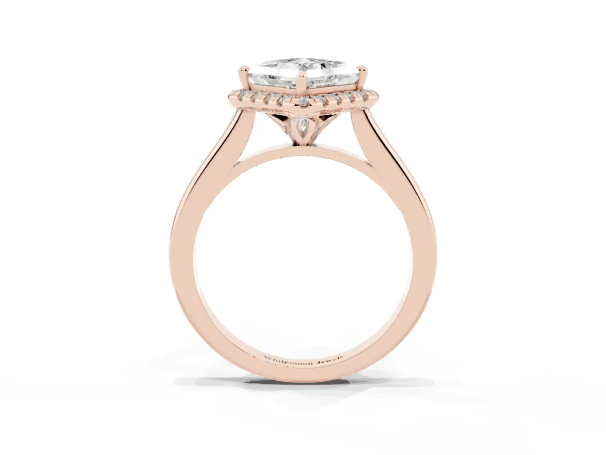 Princess Cut Halo Round Diamond Solitaire Engagement Ring with Pave Band and Four-Prong Setting Rose gold