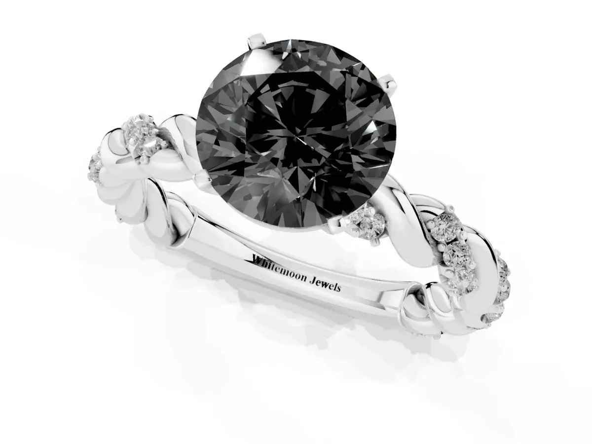 Fancy Black Round Cut Diamond Solitaire Ring with Twisted Band and Pavé Accents Platinum