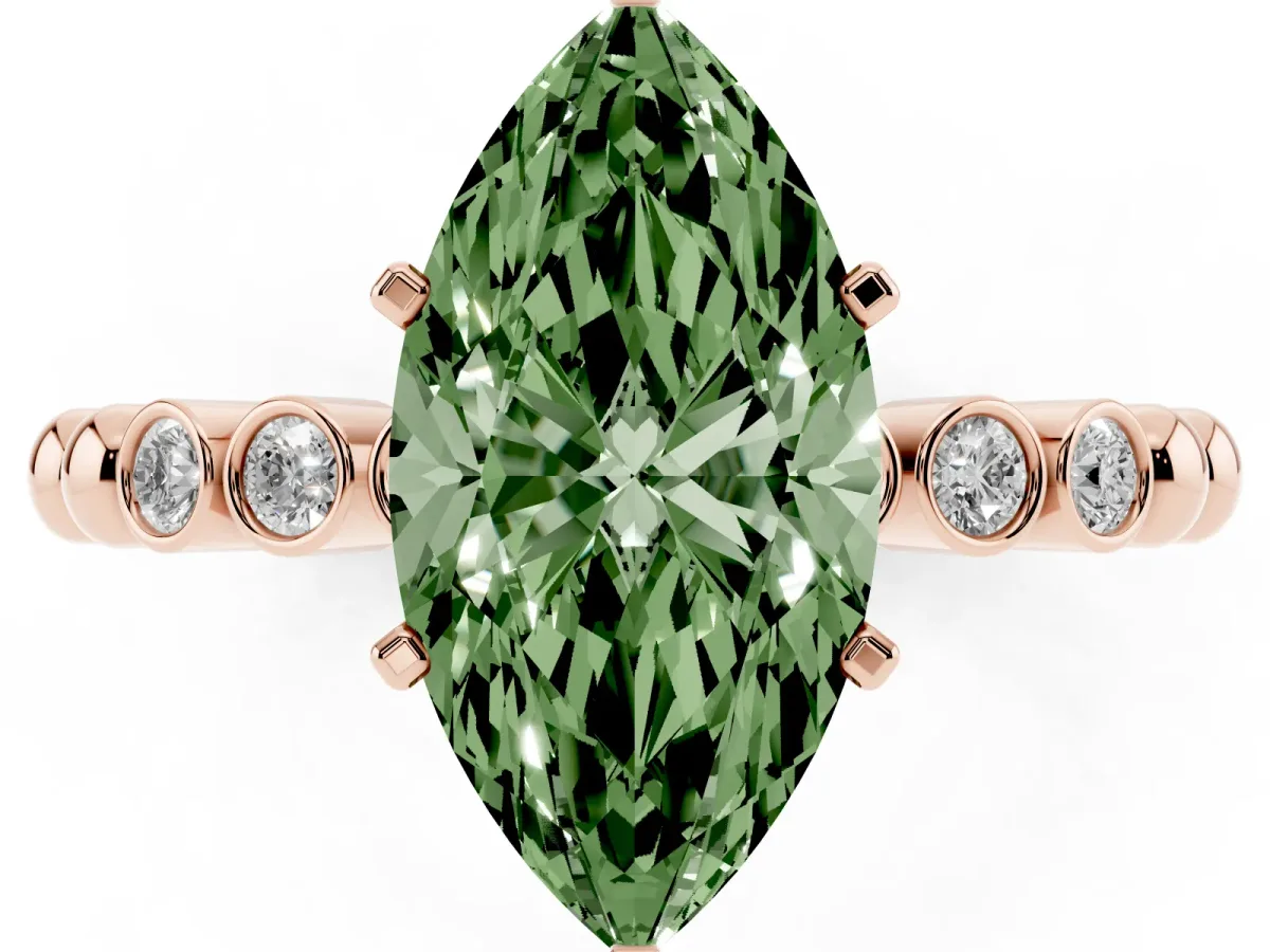 Fancy Green Marquise Cut Solitaire Bezel Accent Diamond Engagement Ring with Beaded Band and Four-Prong Setting Rose gold