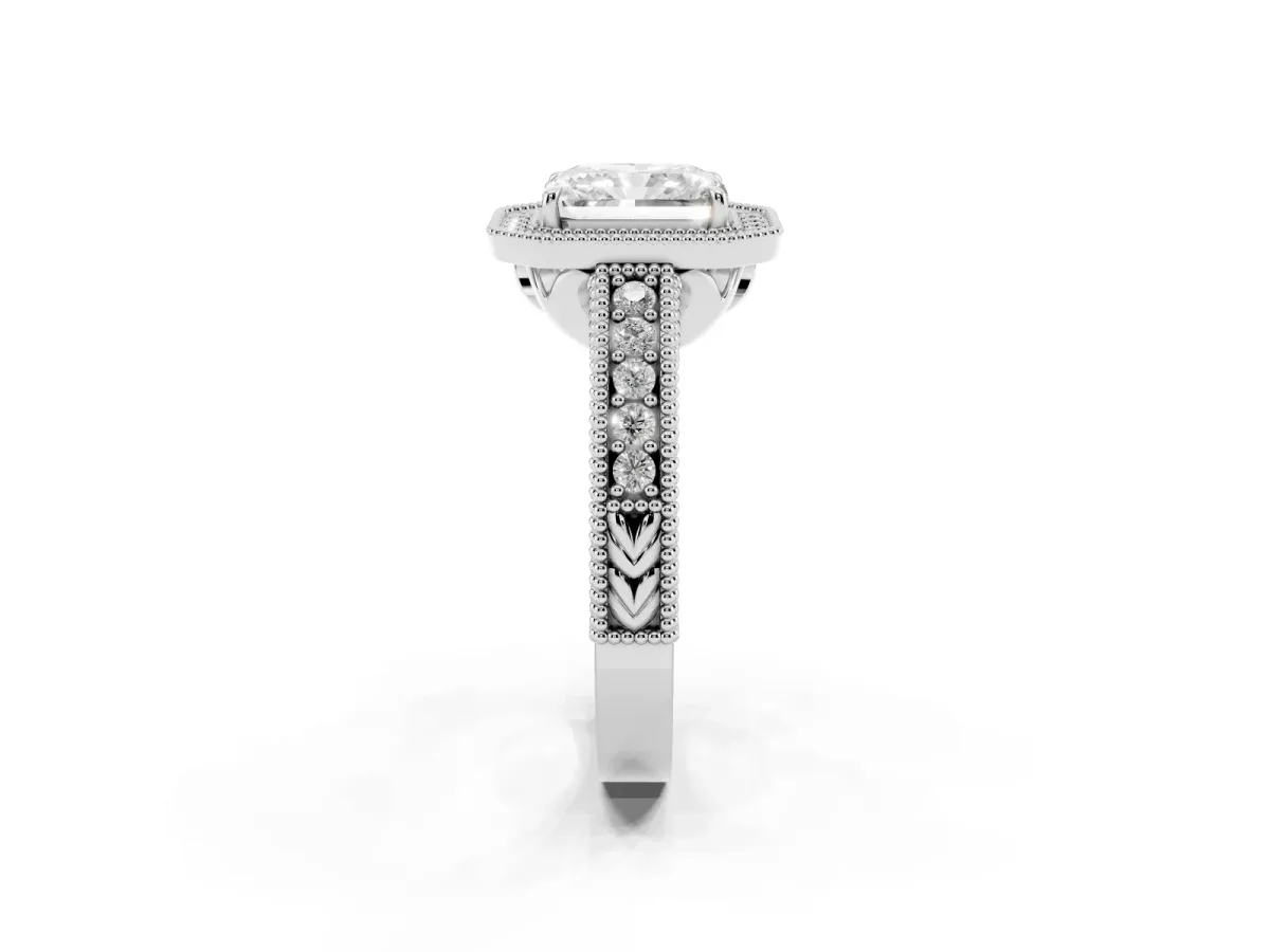 Radiant Cut Cut Halo Diamond Ring with Pavé Band and Four-Prong Setting Silver