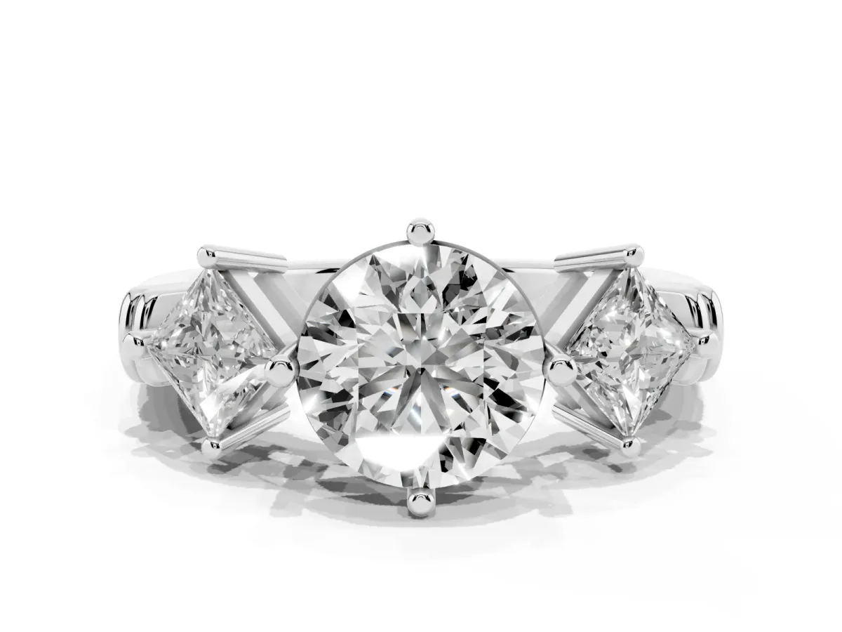 Three-Stone Round Cut and Princess Cut Diamond Ring with Channel Band and Four-Prong Setting White gold