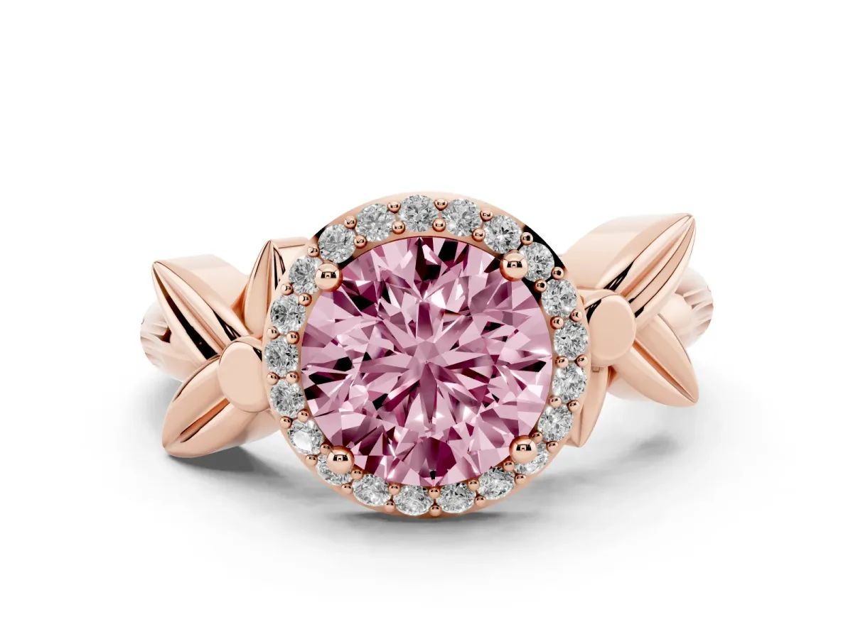 Fancy Pink Round Cut Halo Diamond Floral Band with Four-Prong Setting Rose gold