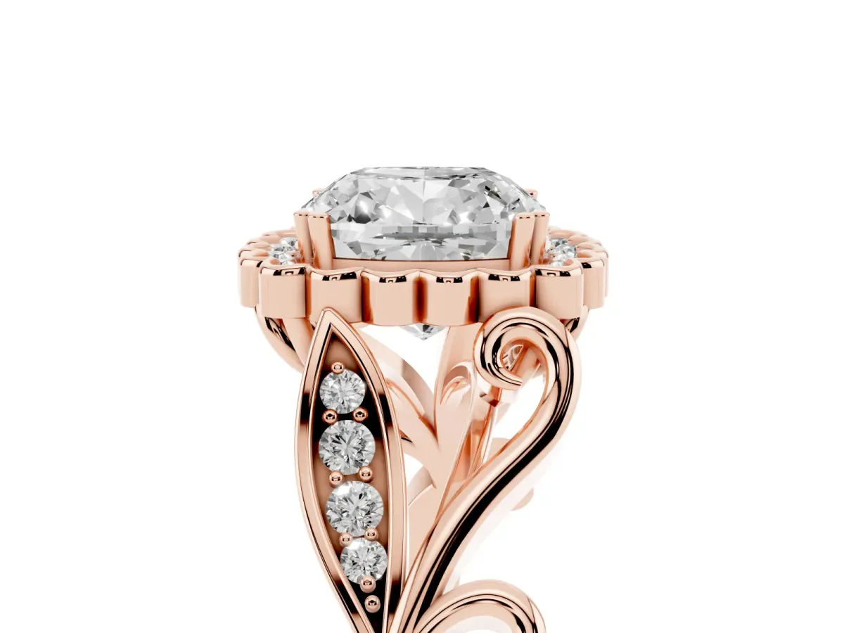 Cushion Cut Diamond Halo Ring with Vintage Split Shank and Four-Prong Setting Rose gold