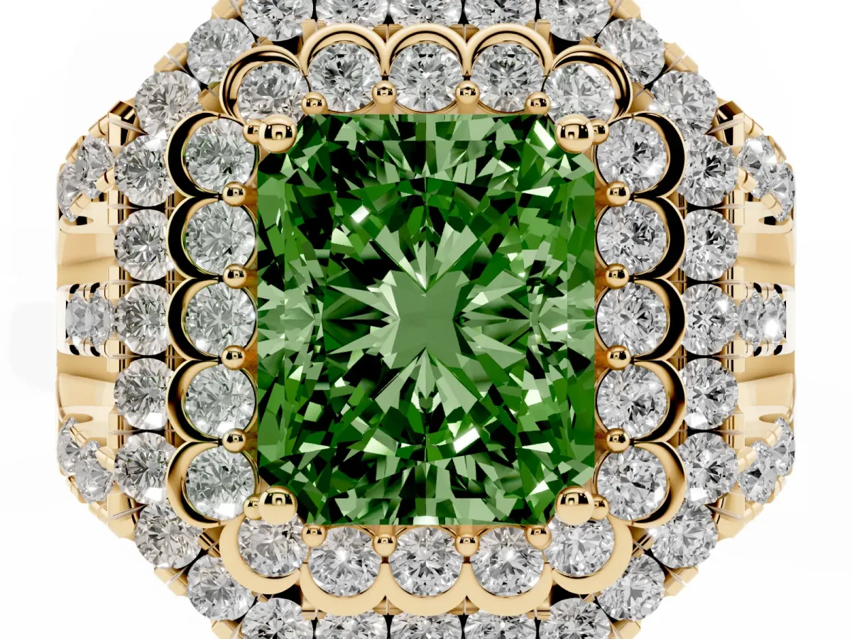 Fancy Green Radiant Cut Diamond Double Halo Ring with Round Pavé Split Shank and Prong Setting Yellow gold