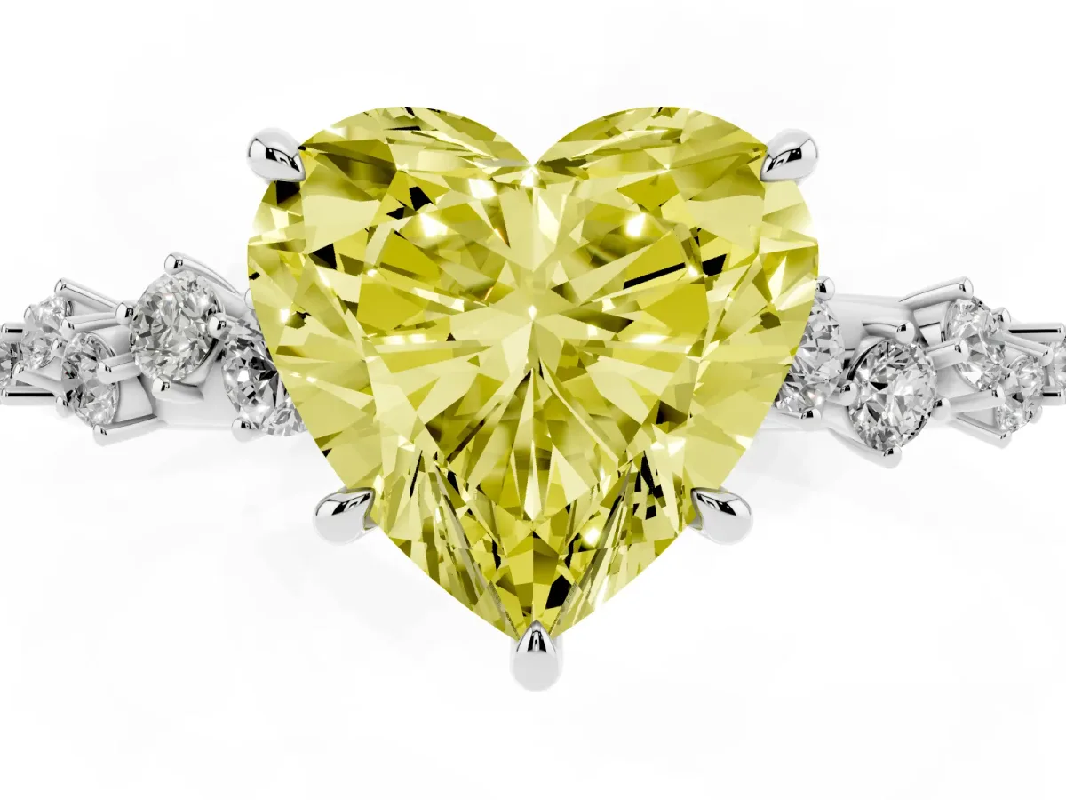Fancy Yellow Heart Cut Diamond Cluster Side Stone Solitaire Ring with Prong Setting Silver