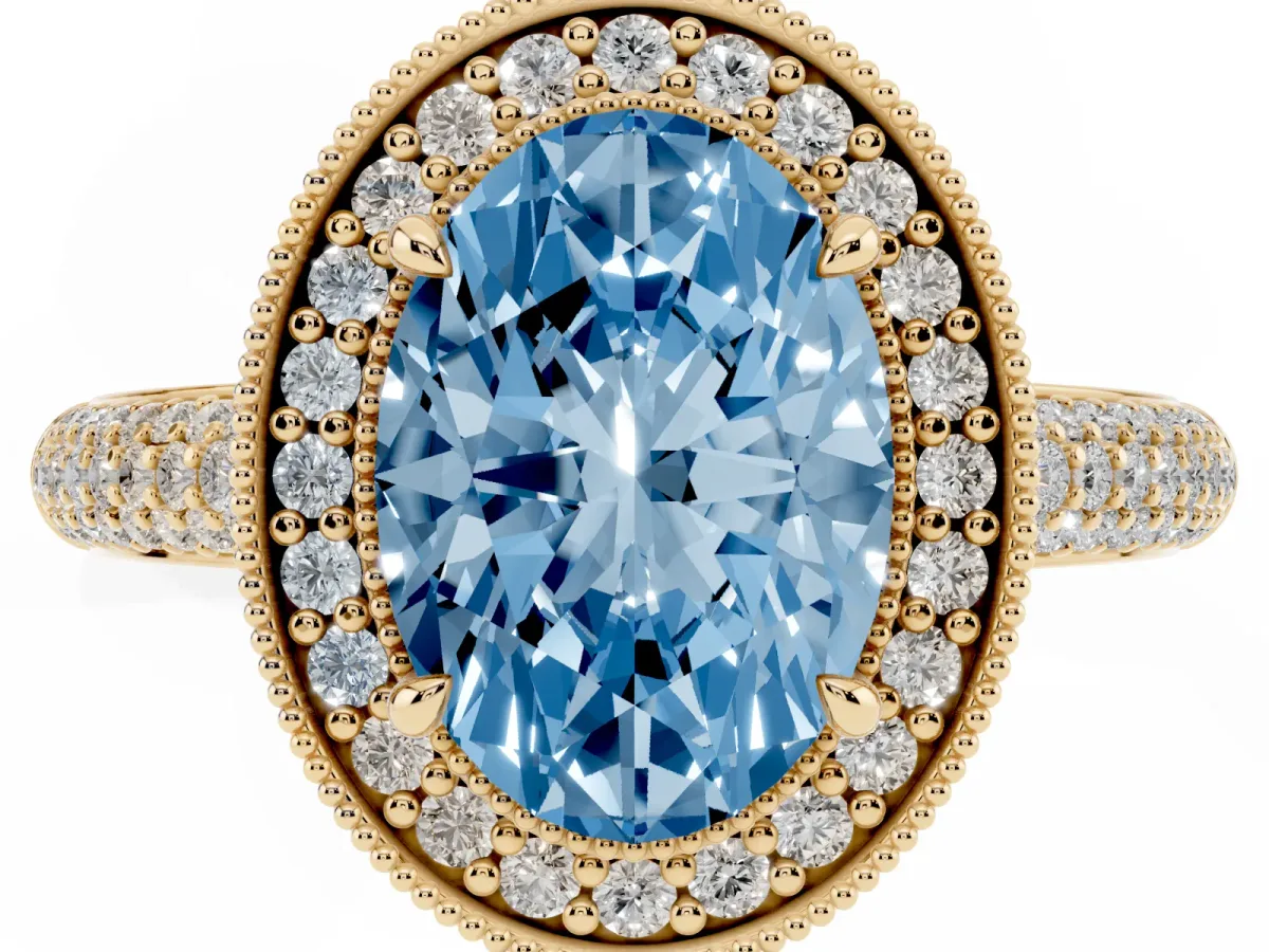 Fancy Blue Oval Cut Cut Halo Diamond Pave Band with Four-Prong Setting Yellow gold