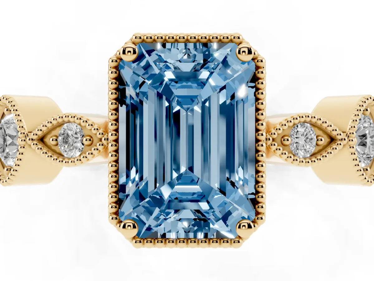 Fancy Blue Emerald Cut Diamond Vintage Milgrain Ring with Round Stations Yellow gold