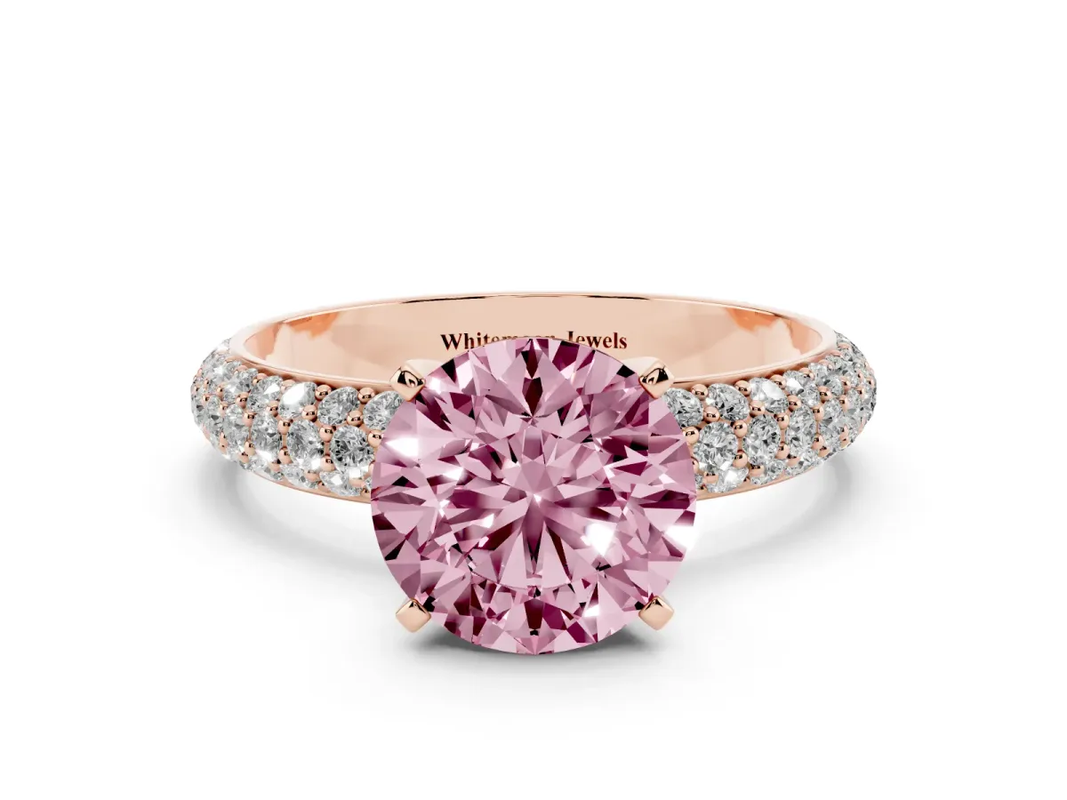 Fancy Pink Round Cut Diamond Solitaire Ring with Prong Setting and Pavé Band Rose gold