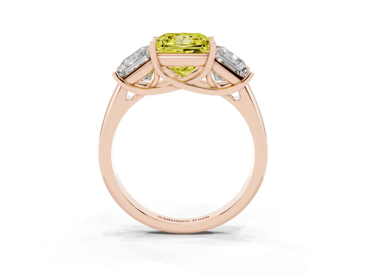 Fancy Yellow Three-Stone Princess Cut Diamond Engagement Ring with Prong Setting Rose gold