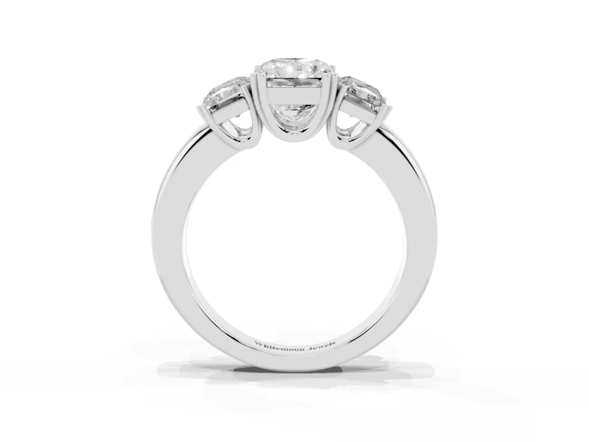 Three-Stone Radiant Cut Cut Diamond Ring with Channel Set Band and Four-Prong Setting Silver