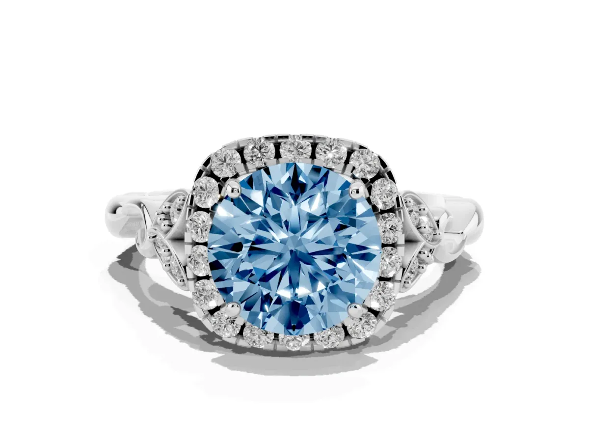 Fancy Blue Round Cut Halo Diamond Engagement Ring with Vintage-Inspired Band and Four-Prong Setting Silver