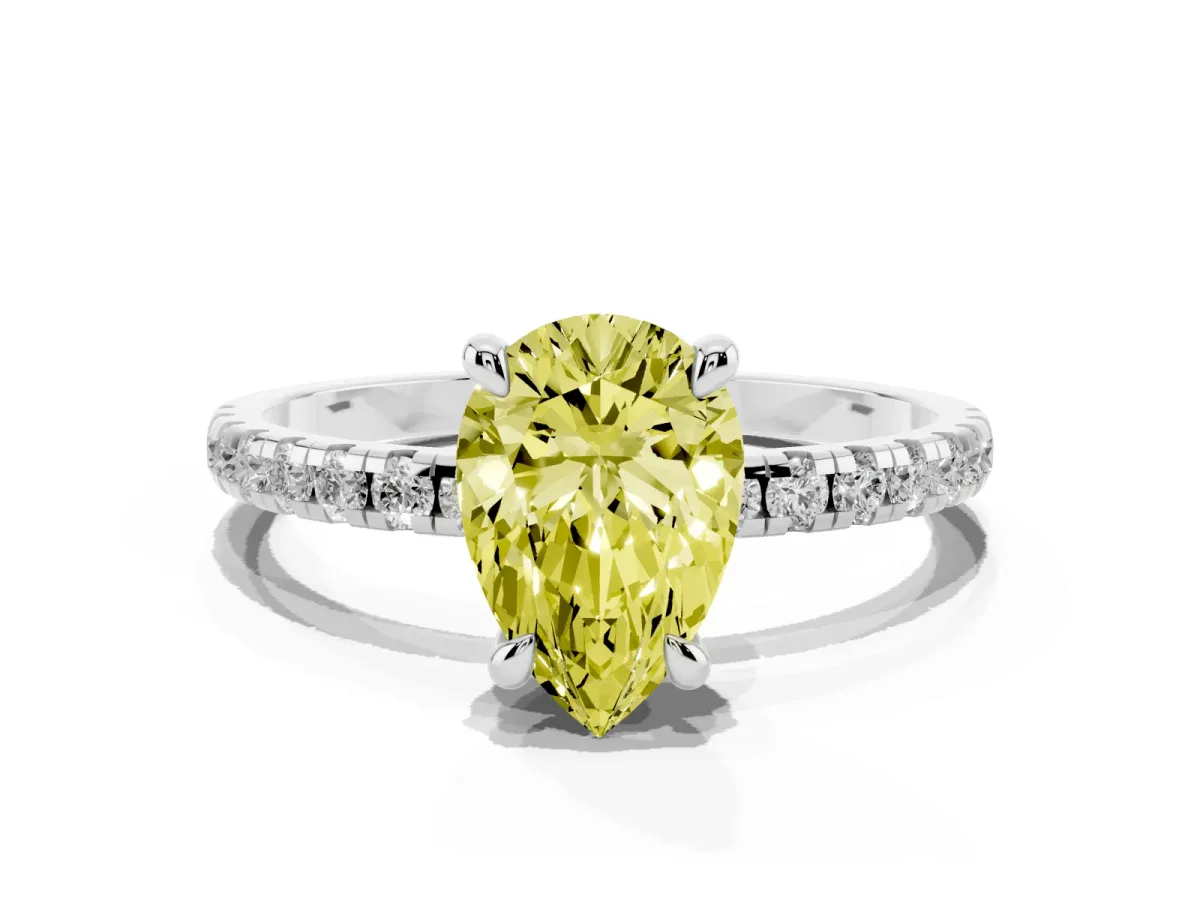 Fancy Yellow Pear Cut Diamond Brilliant Solitaire Ring with Pavé Band and Four-Prong Setting Silver