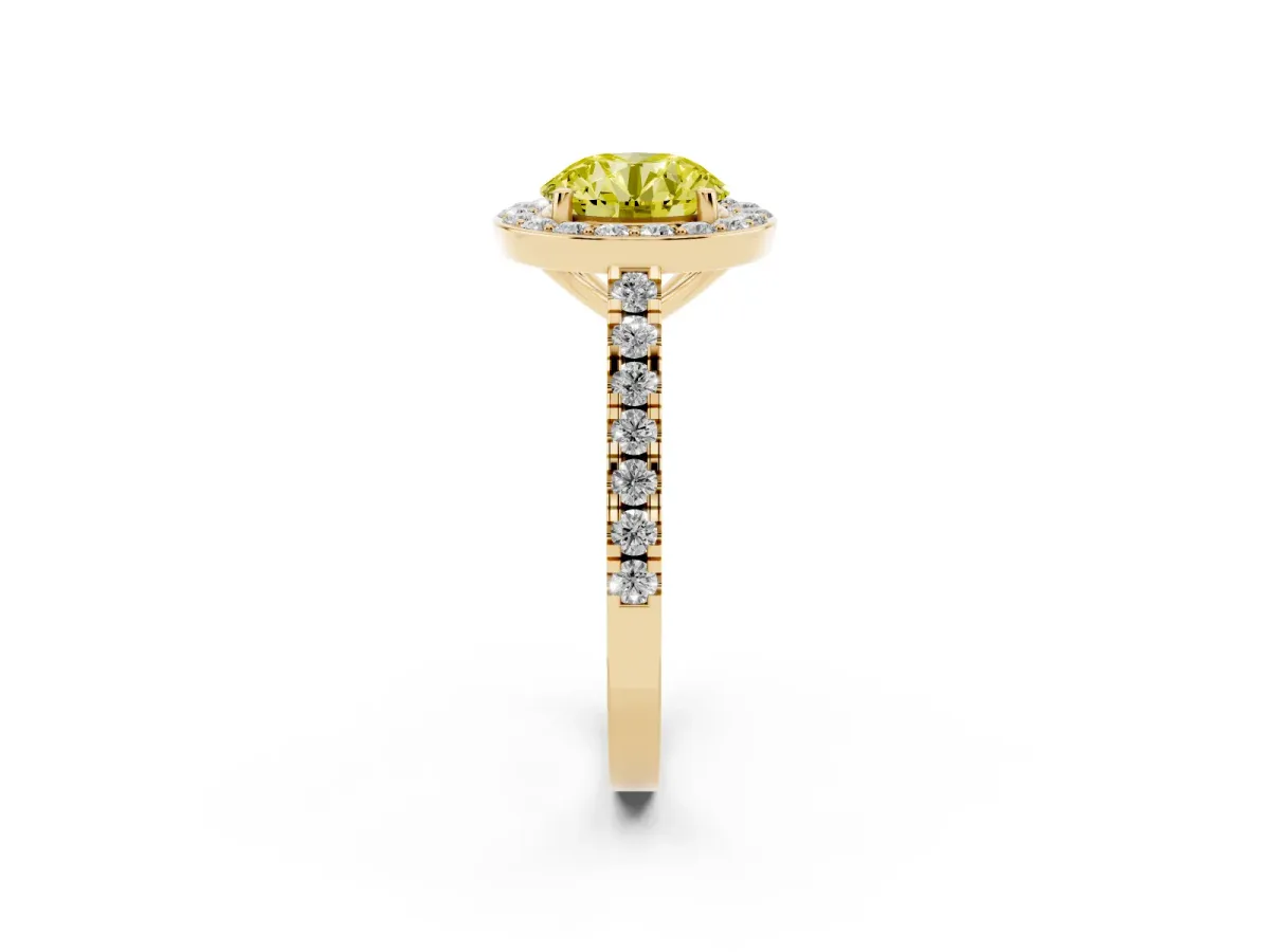 Fancy Yellow Round Cut Diamond Halo Ring with Round Pavé Split Shank and Prong Setting Yellow gold
