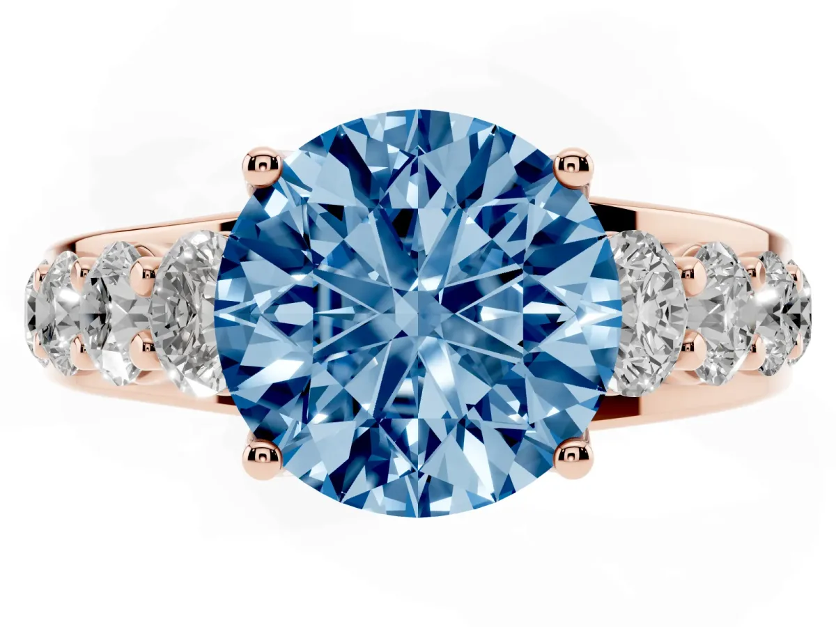 Fancy Blue Round Cut Diamond Engagement Ring with Pavé Band and Four-Prong Setting Rose gold
