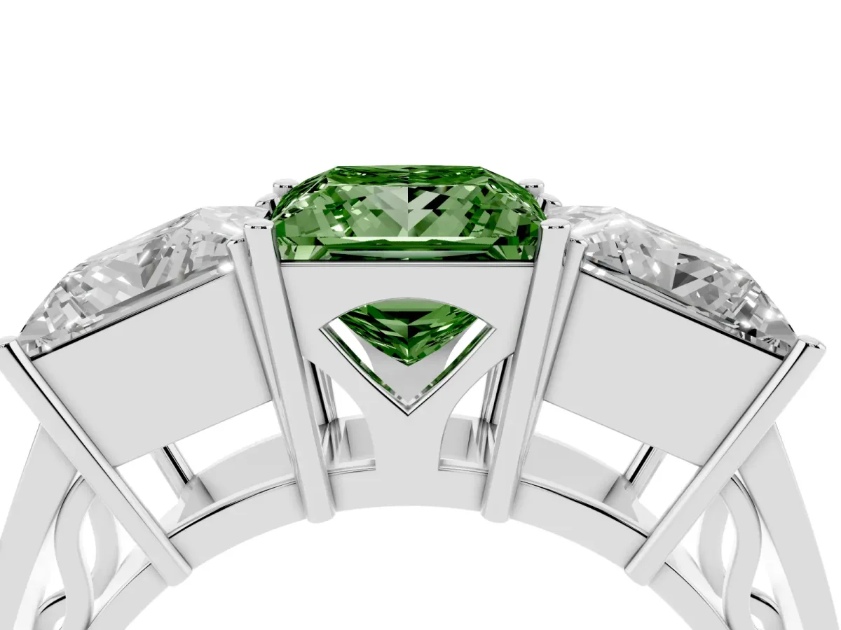Fancy Green Princess Cut Diamond Three-Stone Ring with Prong Setting and Textured Band Silver