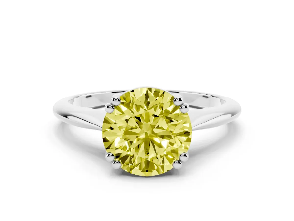 Fancy Yellow Round Cut Solitaire Diamond Ring with Six-Prong Setting and Classic Band Silver