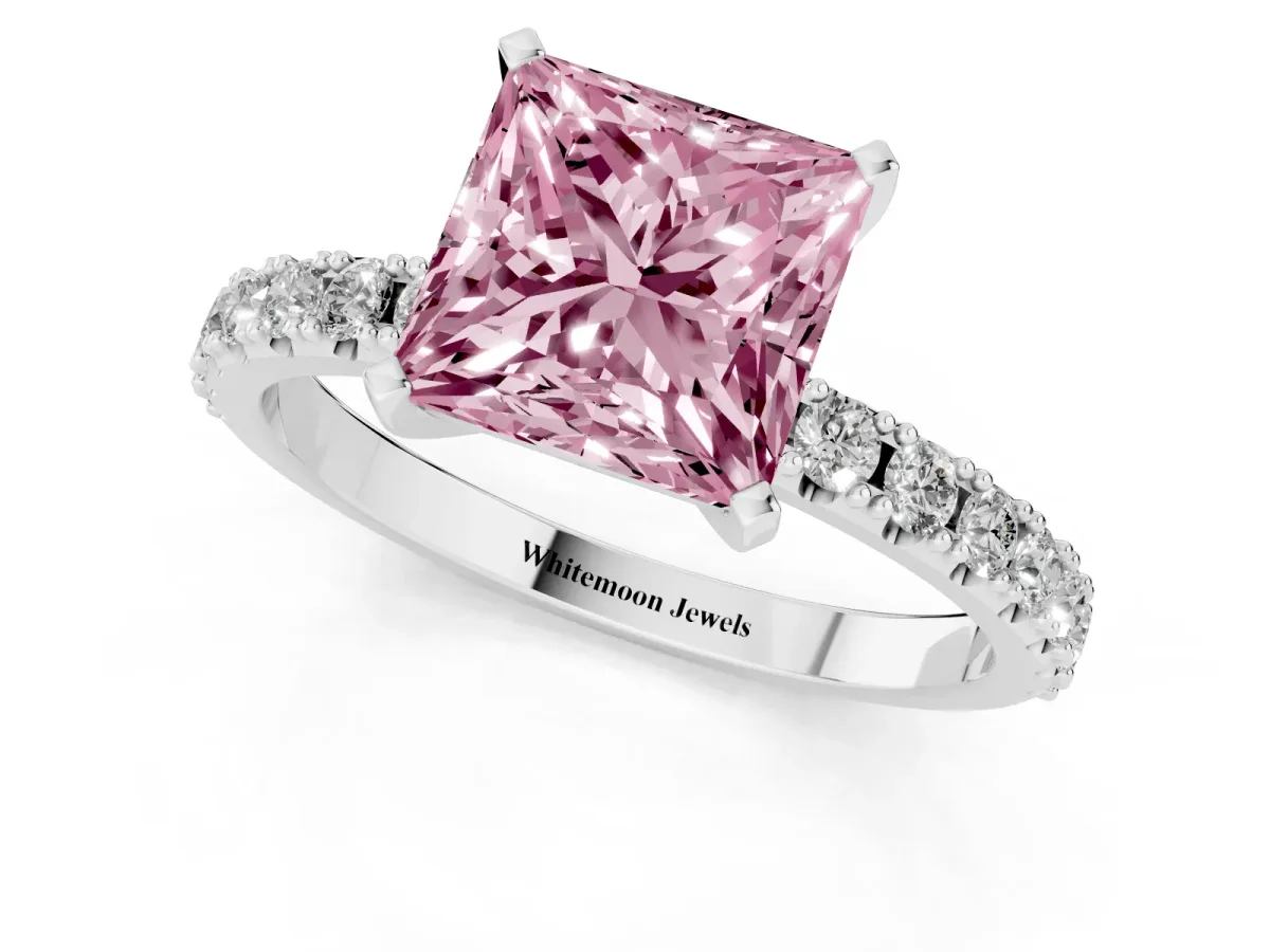 Fancy Pink Princess Cut Diamond Solitaire Pavé Band with Four-Prong Setting Silver