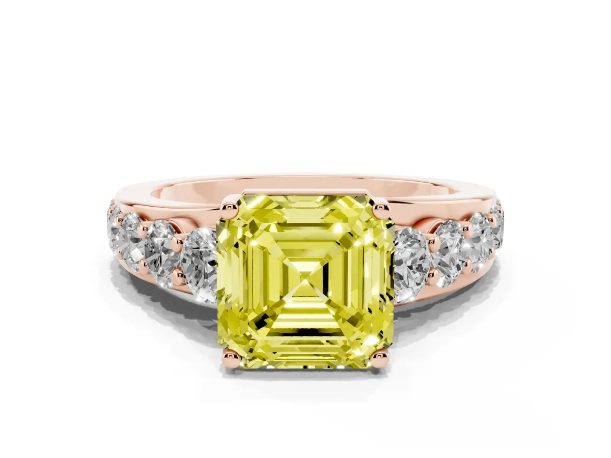 Fancy Yellow Asscher Cut Diamond Engagement Ring with Pavé Band and Four-Prong Setting Rose gold