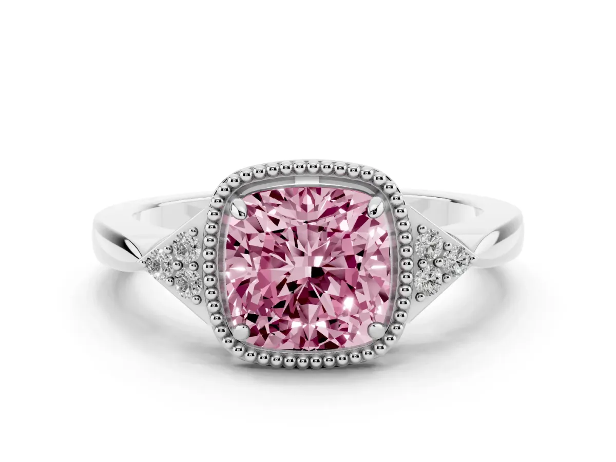 Fancy Pink Hexagonal Halo Cushion Cut Diamond Solitaire with Pavé Band and Four-Prong Setting Silver