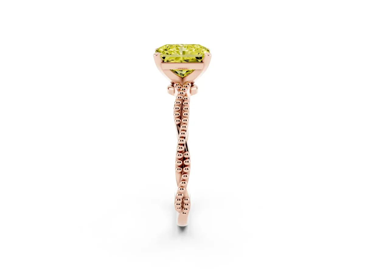 Fancy Yellow Radiant Cut Solitaire Twisted Band with Bead Prong Setting Rose gold