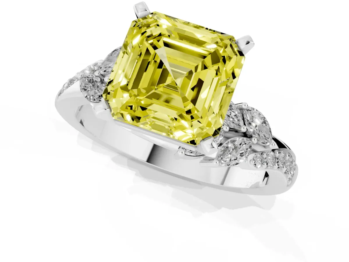 Fancy Yellow Asscher Cut Solitaire Marquise Twist Band with Six-Prong Setting Silver