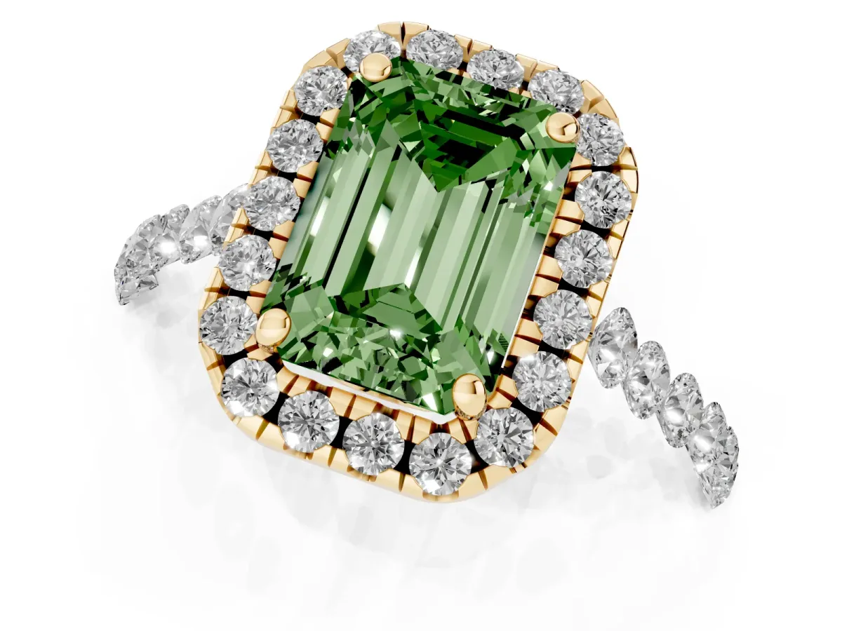 Fancy Green Emerald Cut Halo Pavé Diamond Engagement Ring with Four-Prong Setting Yellow gold