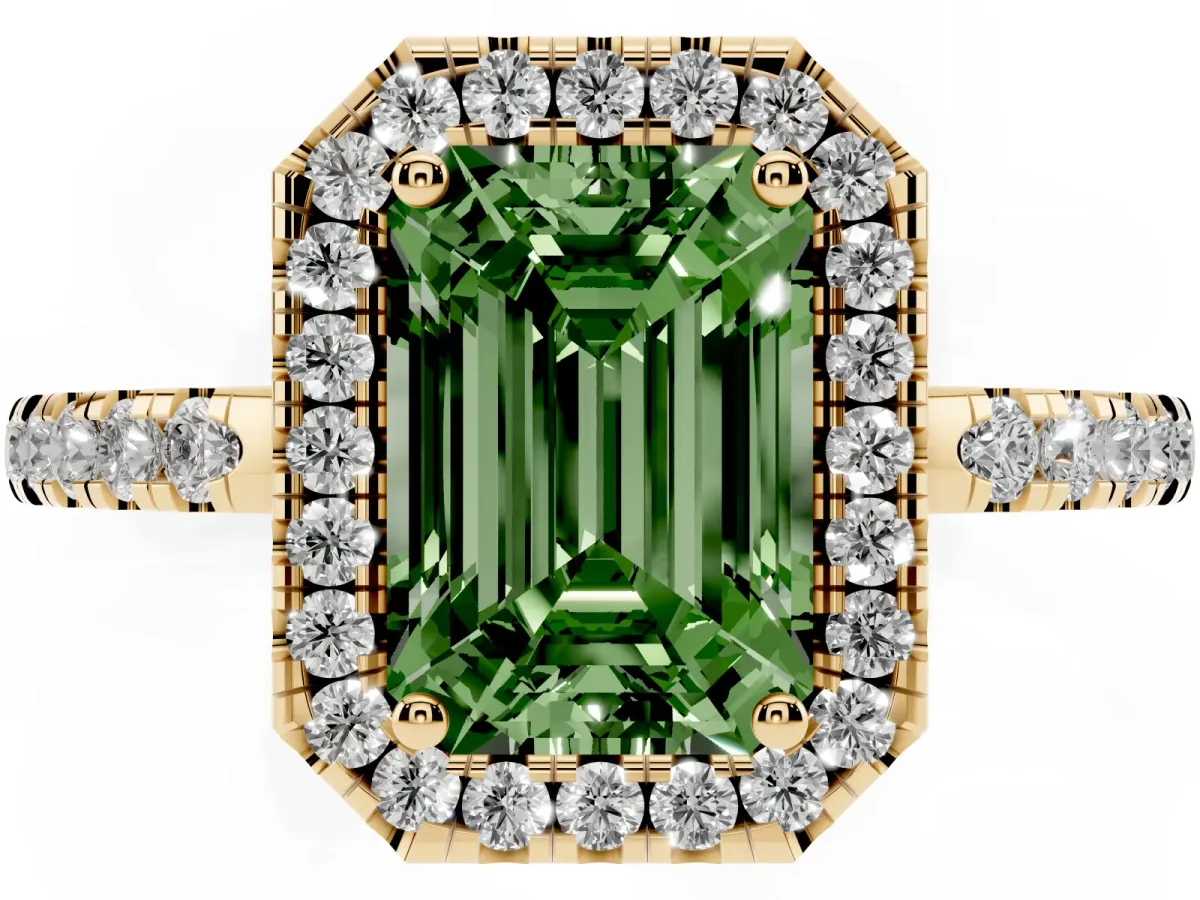 Fancy Green Emerald Cut Halo Diamond Engagement Ring with Pavé Band and Four-Prong Setting Yellow gold
