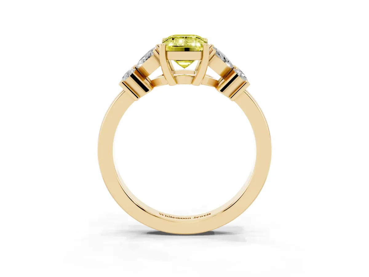 Fancy Yellow Emerald Cut Diamond Floral Cluster Ring with Solitaire Band and Prong Setting Yellow gold