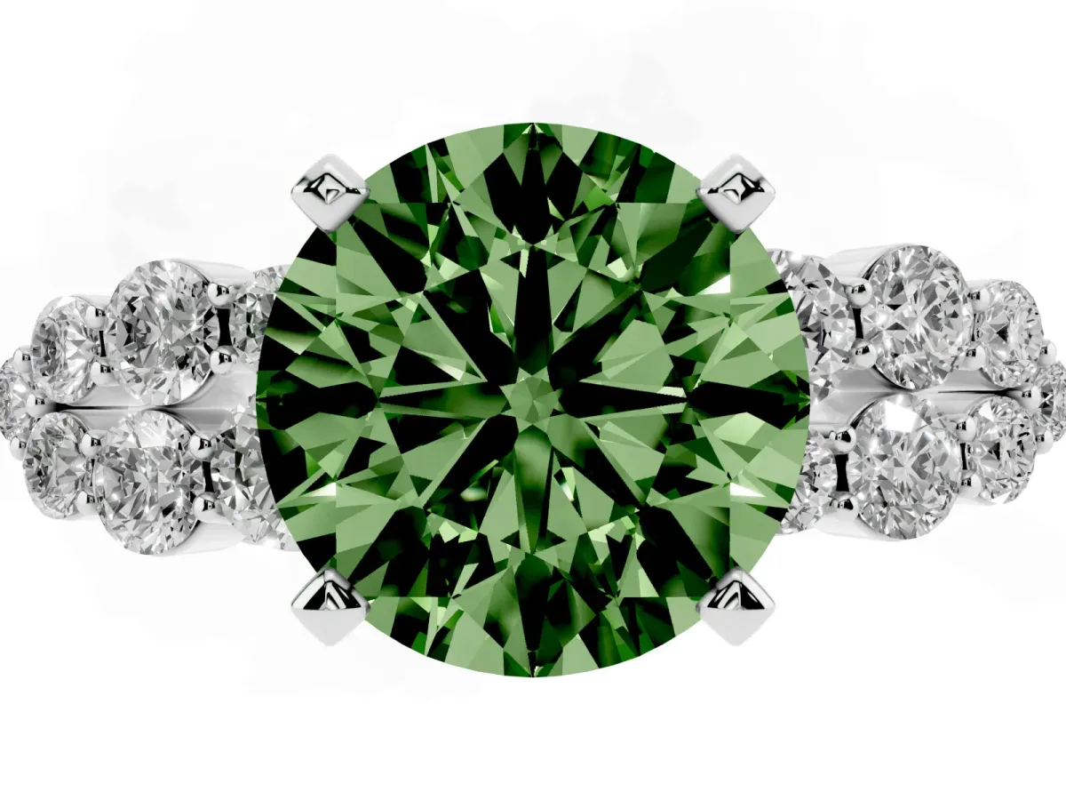 Fancy Green Round Cut Cluster Diamond Engagement Ring with Pavé Band and Four-Prong Setting Silver