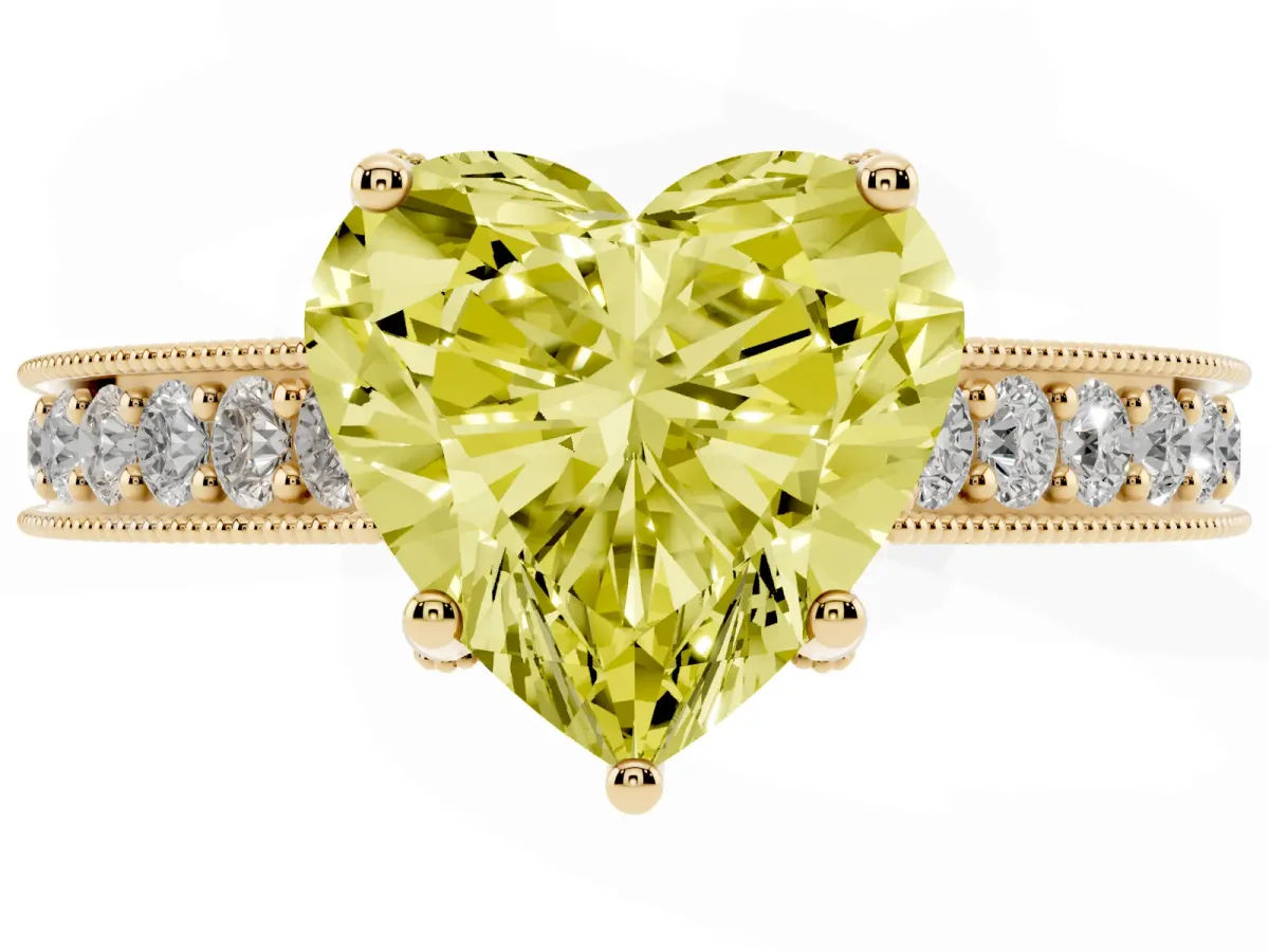 Fancy Yellow Heart Cut Cut Diamond Solitaire Ring with Milgrain Pave Band and Four Prong Setting Yellow gold