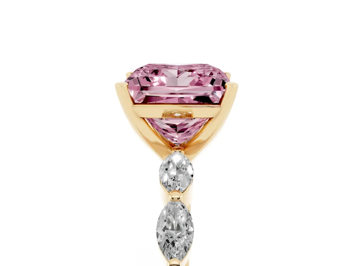 Fancy Pink Princess Cut Diamond Ring with Marquise Side Stones and Prong Setting Yellow gold