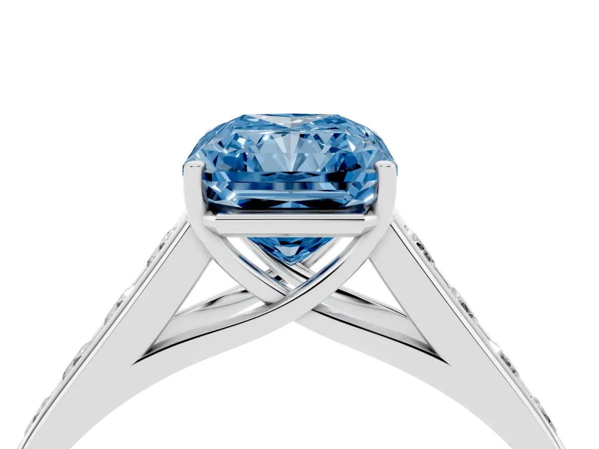 Fancy Blue Radiant Cut Solitaire Channel-Set Diamond Engagement Ring with Four-Prong Setting Platinum