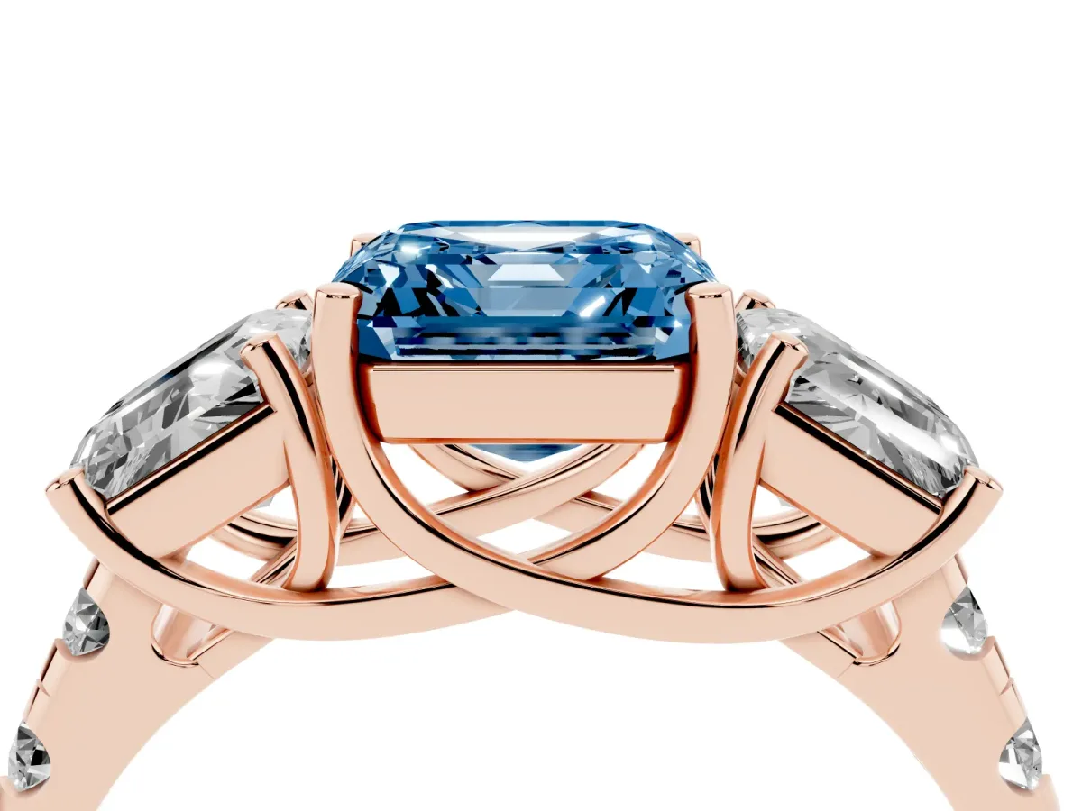 Fancy Blue Three-Stone Asscher Cut Diamond Pavé Band with Prong Setting Rose gold