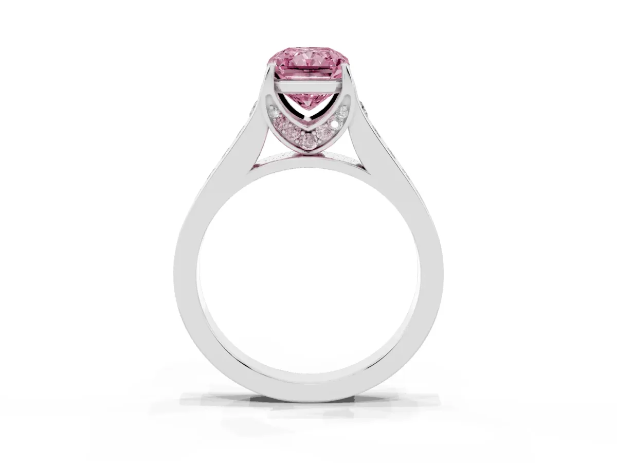 Fancy Pink Radiant Cut Brilliant Cut Diamond Engagement Ring with Pavé Band and Four-Prong Setting White gold
