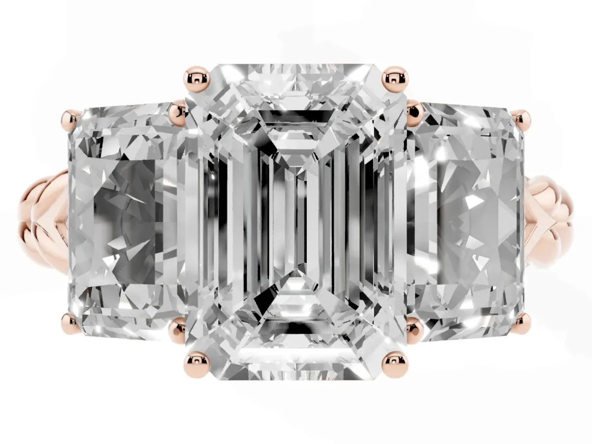 Three-Stone Radiant Cut Diamond Braided Band Ring with Four-Prong Setting Rose gold