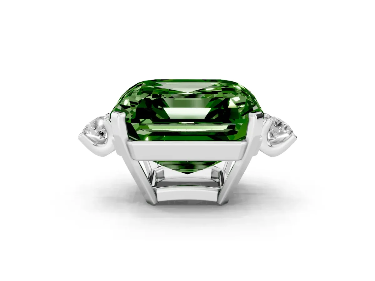 Fancy Green Asscher Cut Cut Three-Stone Solitaire Ring with Round Accent Diamonds and Four-Prong Setting Silver