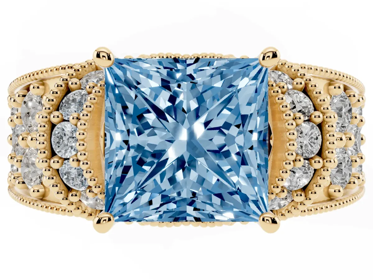 Fancy Blue Princess Cut Halo Pave Diamond Engagement Ring with Milgrain Detailing Yellow gold