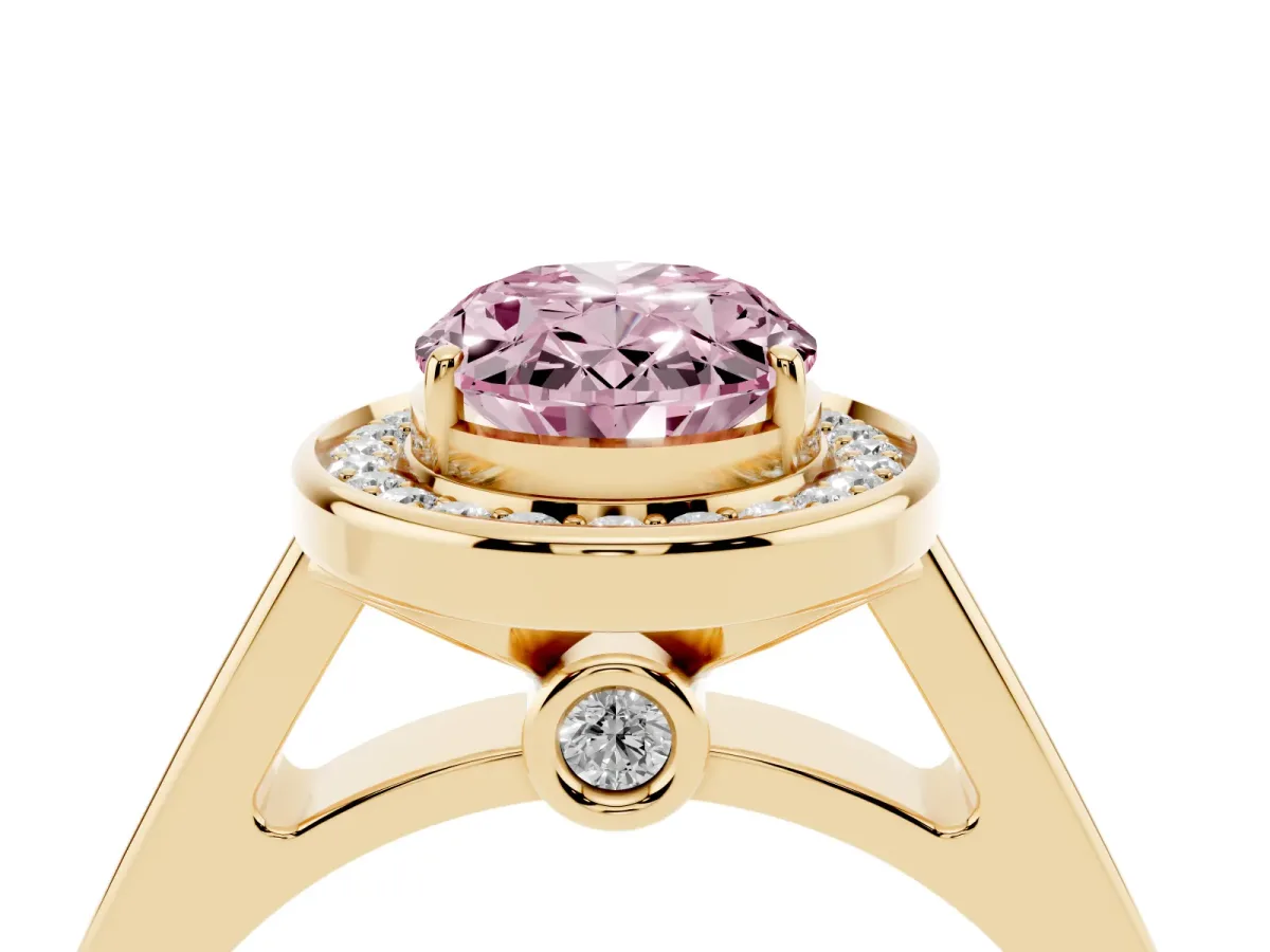 Fancy Pink Oval Cut Halo Solitaire Diamond Ring with Pave Band and Bezel Setting Yellow gold