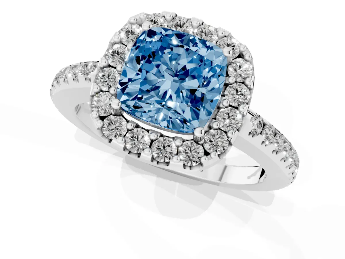 Fancy Blue Cushion Cut Diamond Pavé Halo Ring with Four-Prong Setting Silver