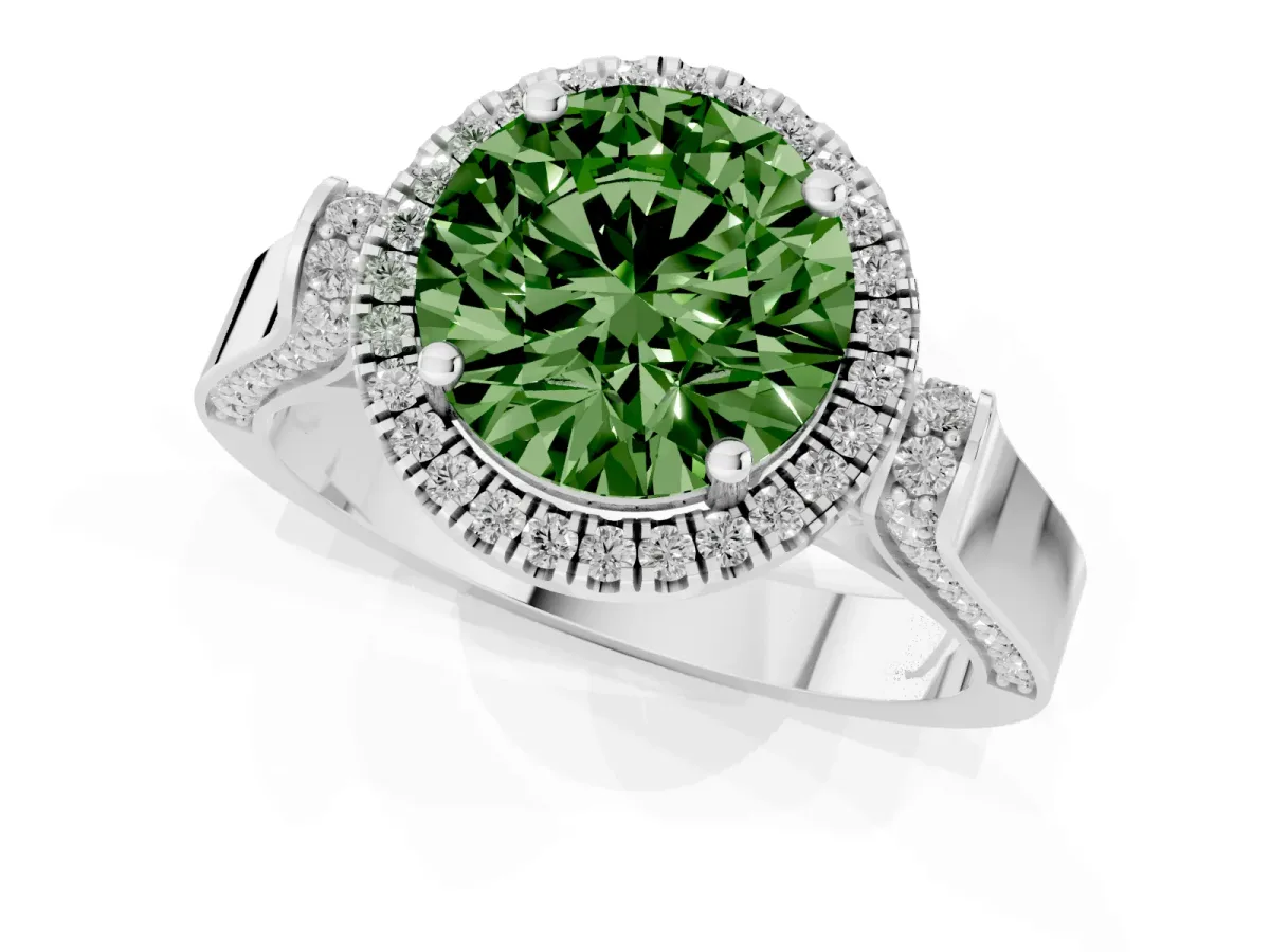 Fancy Green Round Cut Halo Pave Split Shank Prong Setting Ring Silver