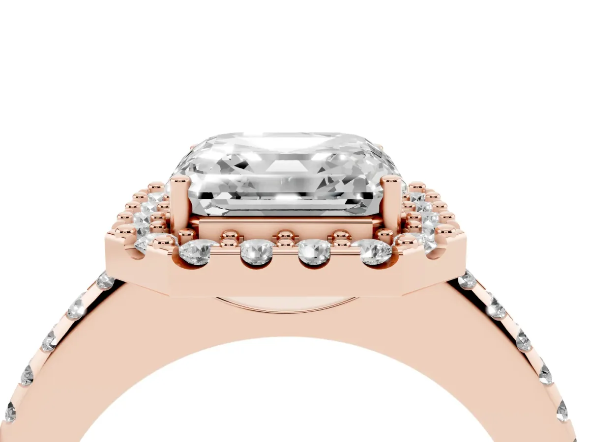 Asscher Cut Diamond Pavé Halo Ring with Four-Prong Setting Rose gold