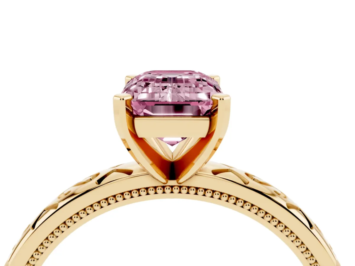 Fancy Pink Emerald Cut Solitaire Engagement Ring with Scrollwork Band and Four-Prong Setting Yellow gold