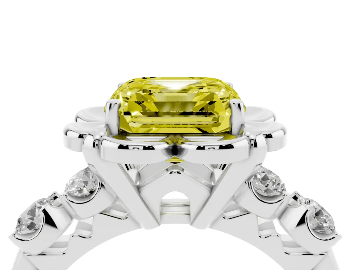 Fancy Yellow Asscher Cut Cut Diamond Floral Halo Engagement Ring with Shared Prong Setting Silver