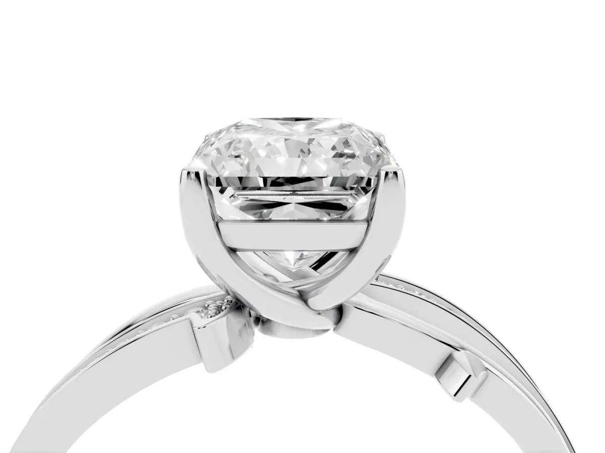 Radiant Cut Solitaire Twist Band with Pavé Accents and Four-Prong Setting White gold