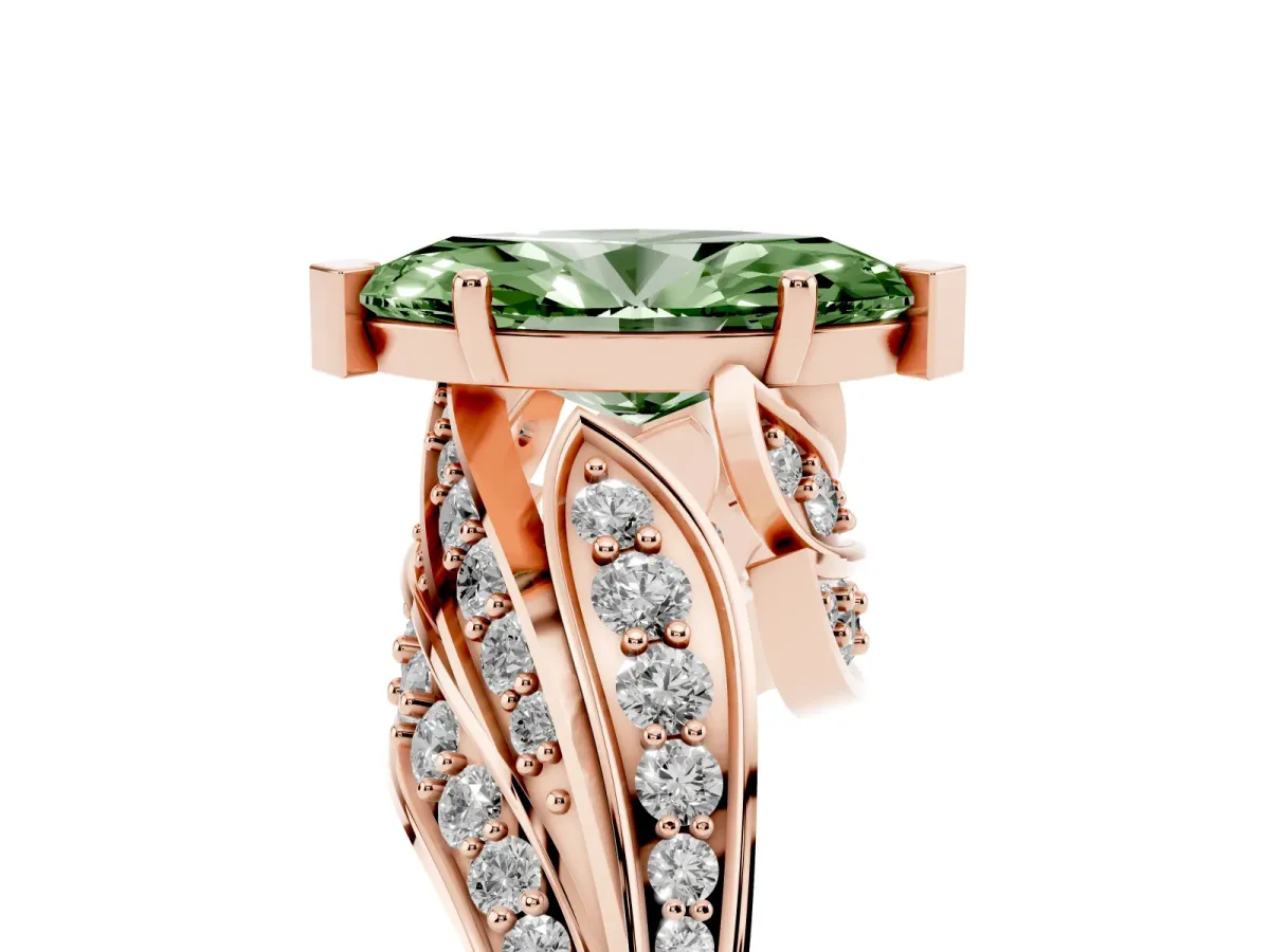 Fancy Green Marquise Cut Diamond Solitaire Ring with Prong Setting and Twisted Pavé Band Rose gold
