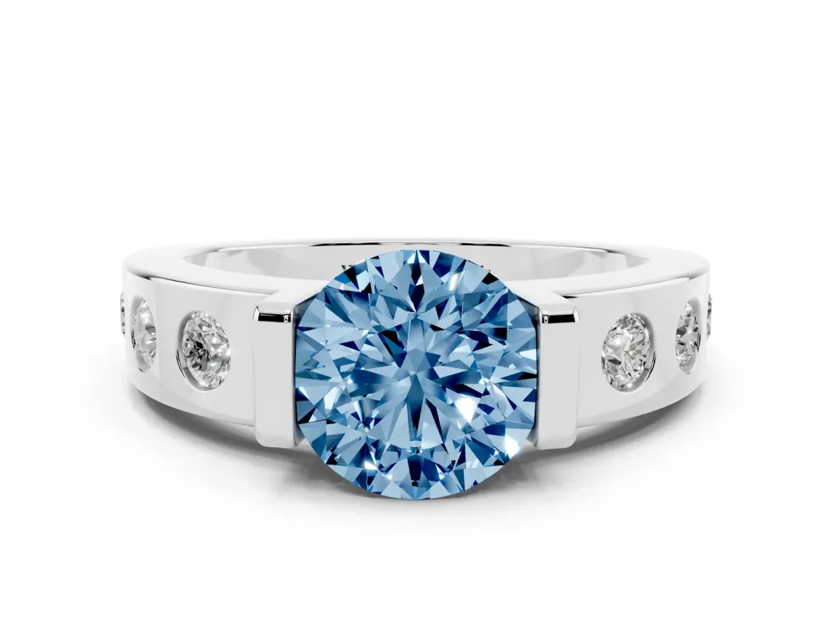 Fancy Blue Round Cut Brilliant Channel-Set Diamond Ring with Bezel Prong Setting Silver